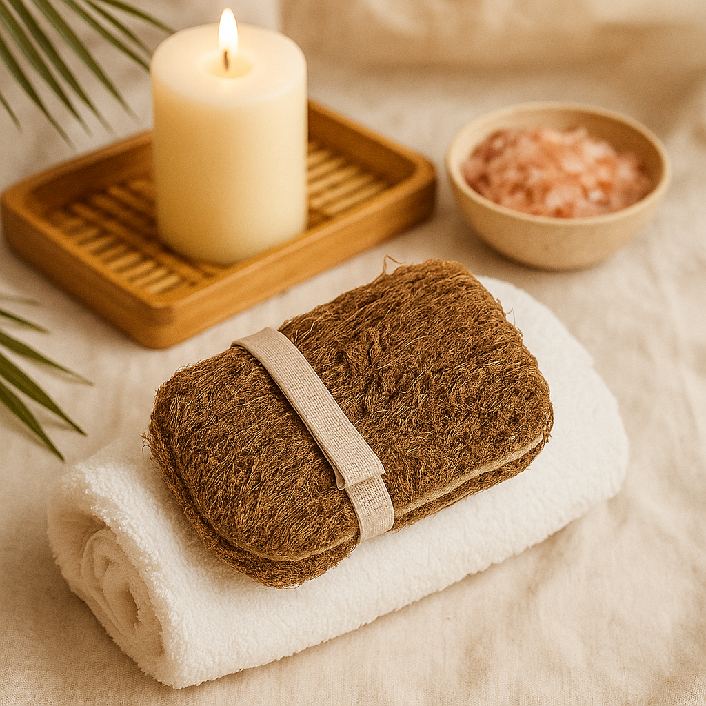 Gant de douche exfoliant en vétiver en contexte de rituel sous la douche, offrant exfoliation respectueuse et senteur apaisante pour une sérénité quotidienne