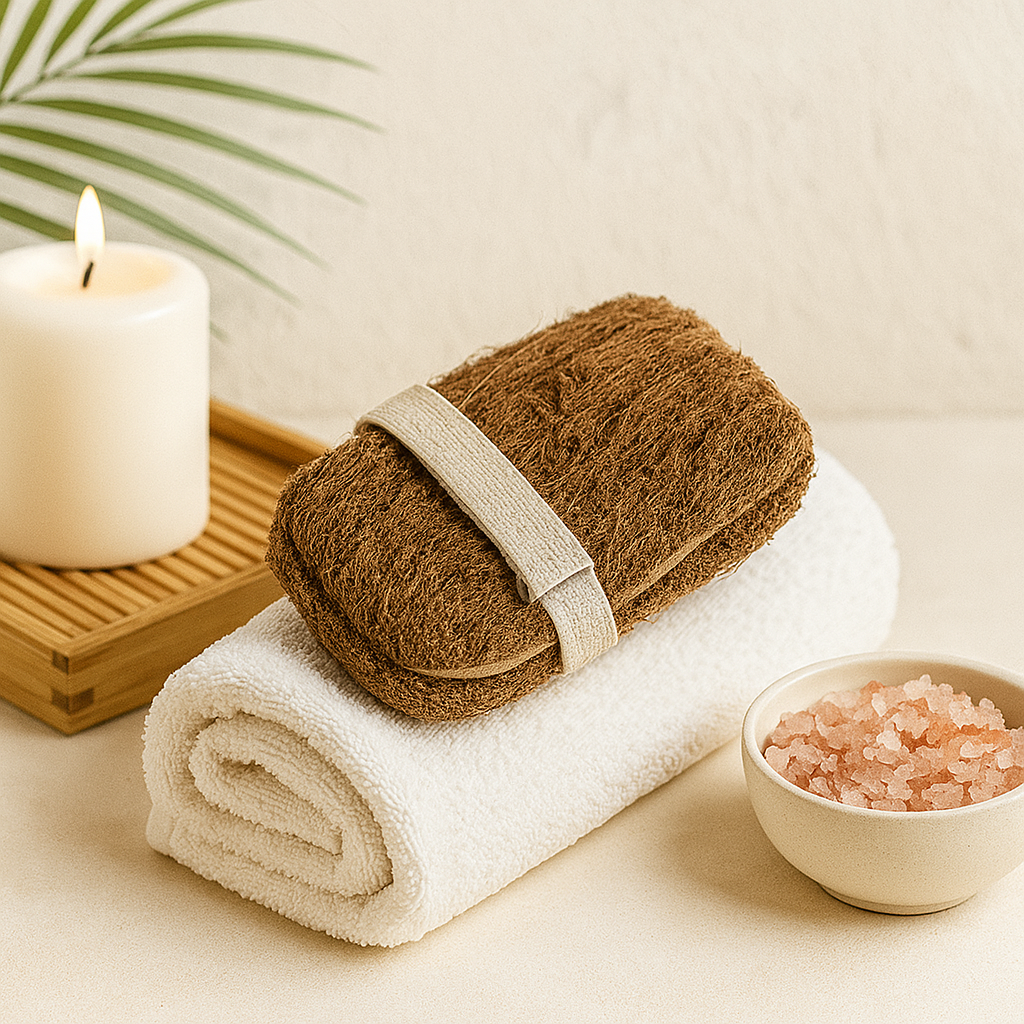Détail des fibres de vétiver 100% naturel tressées à la main du gant de douche exfoliant, éco-responsable pour un soin corps ancré dans la nature