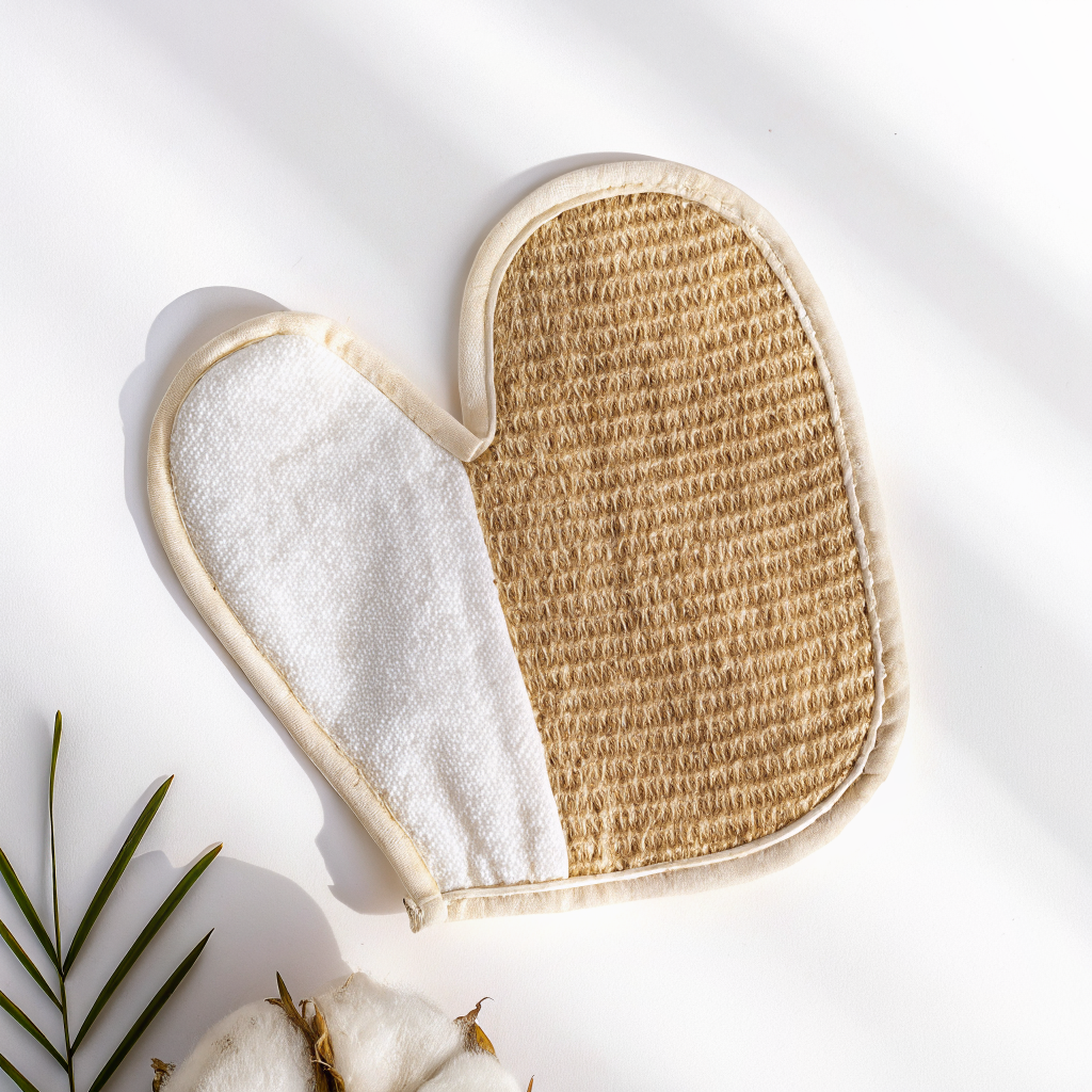 Gant exfoliant pour le corps double face avec côté coton doux et fibres de vétiver naturelles tressées main pour un soin polyvalent et parfumé